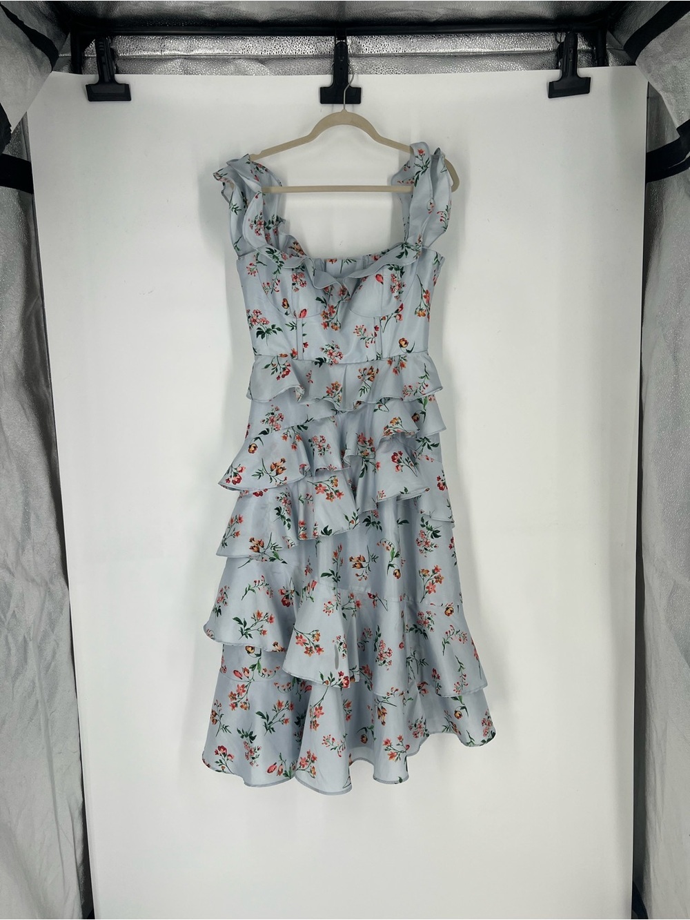 BHLDN Blue Floral Sweetheart Neckline Ruffle Formal Evening Midi Dress Gown M